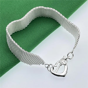 925 Silver Mesh Chain Bracelet Heart Clasp Wedding Jewelry