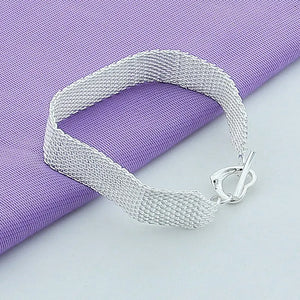 925 Silver Mesh Chain Bracelet Heart Clasp Wedding Jewelry