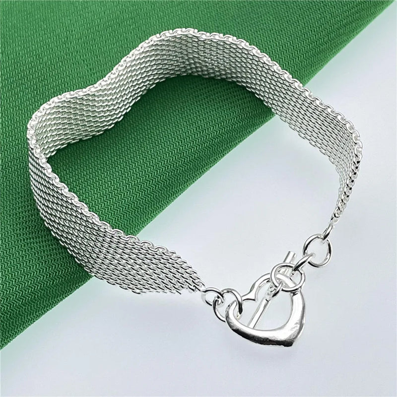 925 Silver Mesh Chain Bracelet Heart Clasp Wedding Jewelry
