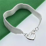 925 Silver Mesh Chain Bracelet Heart Clasp Wedding Jewelry