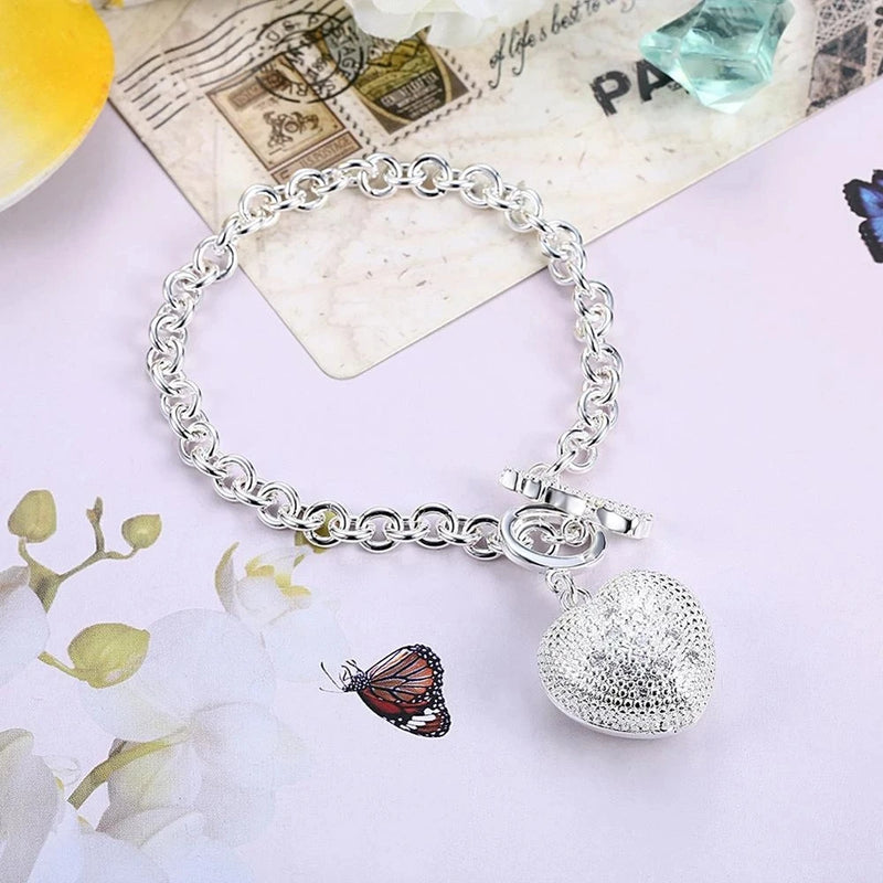 925 Silver Crystal Heart Key Bracelet for Women Wedding Couple Jewelry