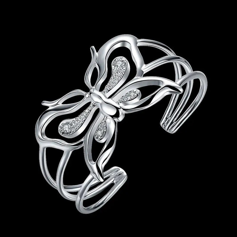 Butterfly Crystal Wide 925 Sterling Silver Bangles for Women