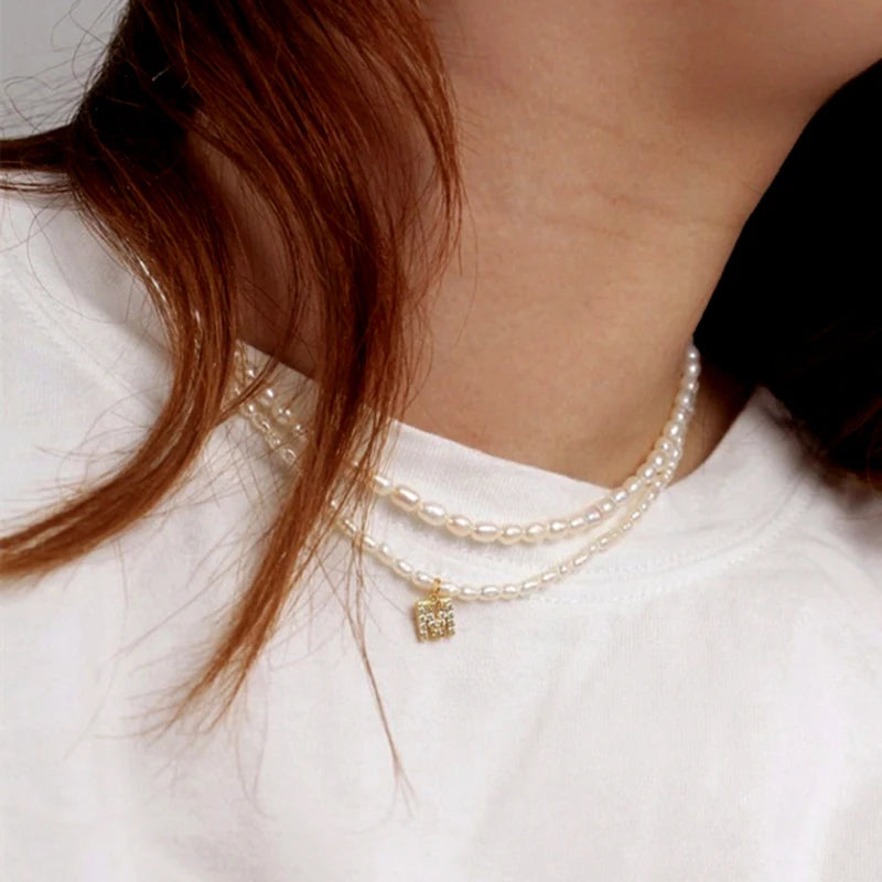 Freshwater Pearl Beads Necklace for Women Vintage Choker Initial Charms Pendant