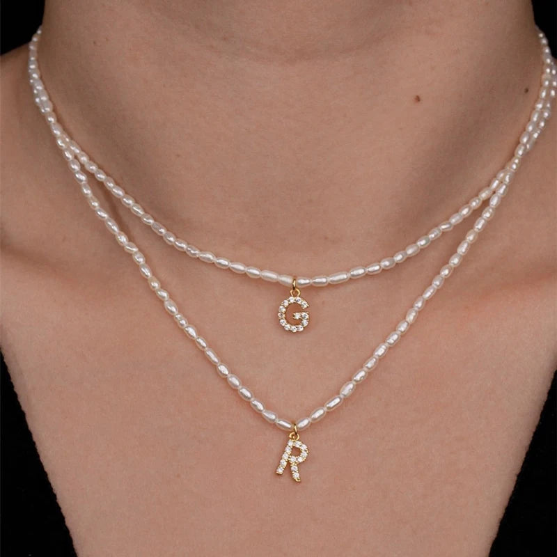 Freshwater Pearl Beads Necklace for Women Vintage Choker Initial Charms Pendant