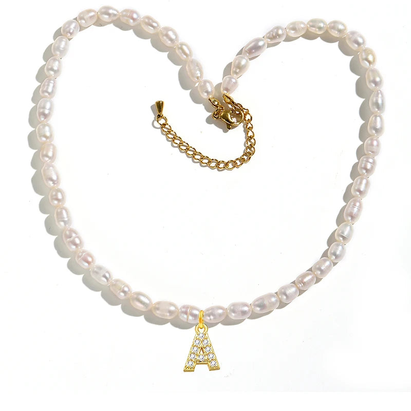 Freshwater Pearl Beads Necklace for Women Vintage Choker Initial Charms Pendant