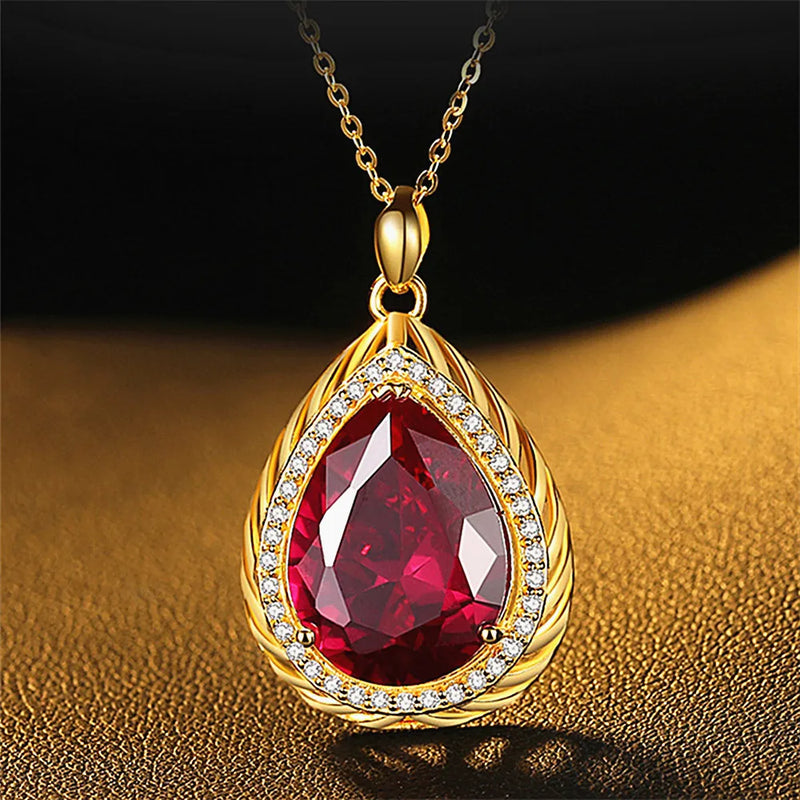 Red Crystal Ruby Gemstones Pendant Necklace 14k Jewelry