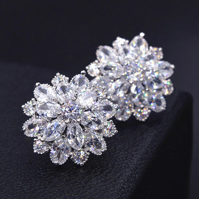 Zircon Diamonds Snow Stud Earrings 18K Silver Bridal Jewelry
