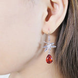 Zirconia Ladies Earrings 925 Sterling Silver Red Crystal Drop Earrings