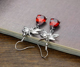 Zirconia Ladies Earrings 925 Sterling Silver Red Crystal Drop Earrings