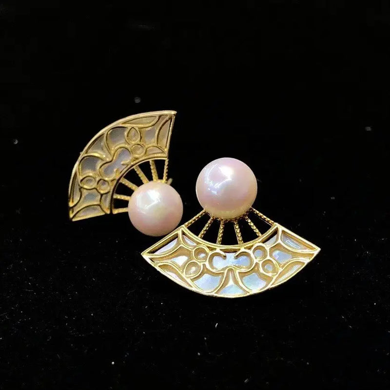 MADALENA SARARA 18K Yellow Pearl Stud Earrings Light Style Fans Shape S925