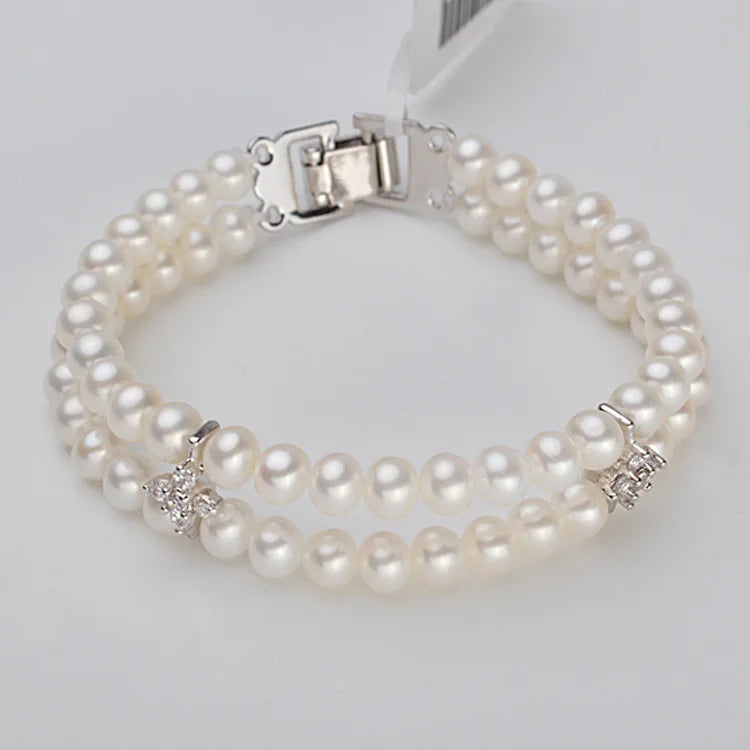 6-7mm Pearl Bracelet Beaded 2 Rows Natural Cross Spacer