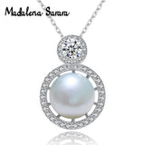 9-10mm AA Round Pearl Sterling Silver Necklace with Cubic Zirconia