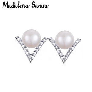 CZ Pave Setting Pearl V Alphabet Women Earrings S925