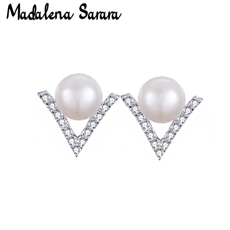 CZ Pave Setting Pearl V Alphabet Women Earrings S925