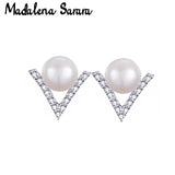 CZ Pave Setting Pearl V Alphabet Women Earrings S925