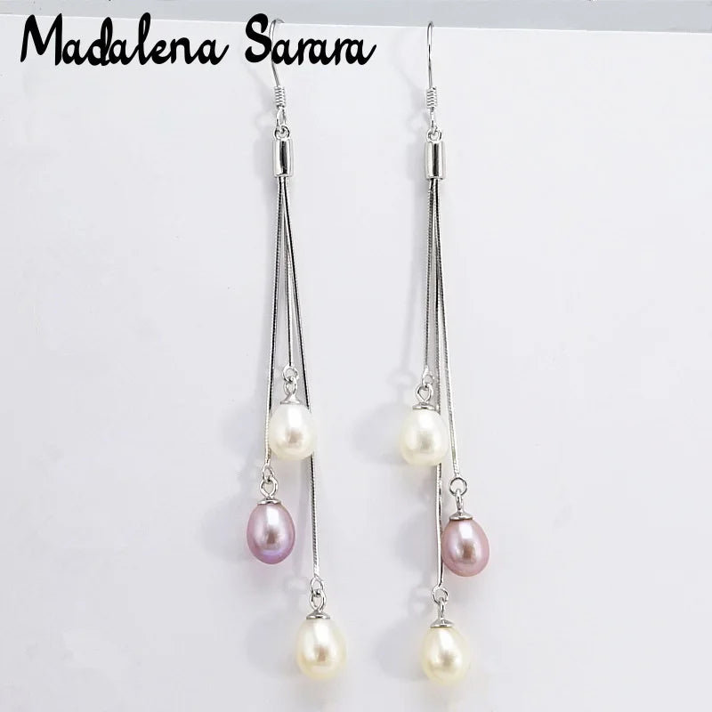 Rice Shape Freshwater Pearl Earrings with CZ Diamond Drop Tassel