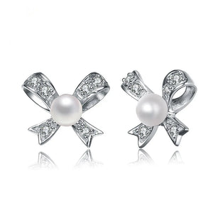 6-7mm Freshwater Pearl Earrings with Cubic Zirconia Bow-Knot
