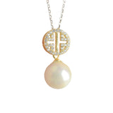 S925 Silver 8-9mm Pearl Pendant Necklace Cubic Zirconia Ginkgle Leaf Chain