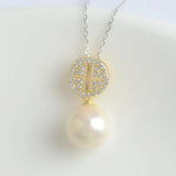 S925 Silver 8-9mm Pearl Pendant Necklace Cubic Zirconia Ginkgle Leaf Chain