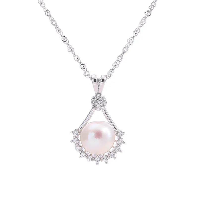 925 Silver Pearl Pendant CZ Fan Chain Necklace