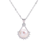 925 Silver Pearl Pendant CZ Fan Chain Necklace