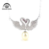 Sterling Silver Chain Necklace CZ Double Bird Pearl Pendant