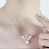 Sterling Silver Chain Necklace CZ Double Bird Pearl Pendant