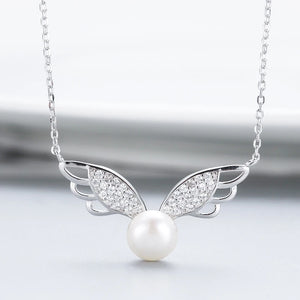 Silver Freshwater Pearl Pendant Necklace with Angel Wings Chain
