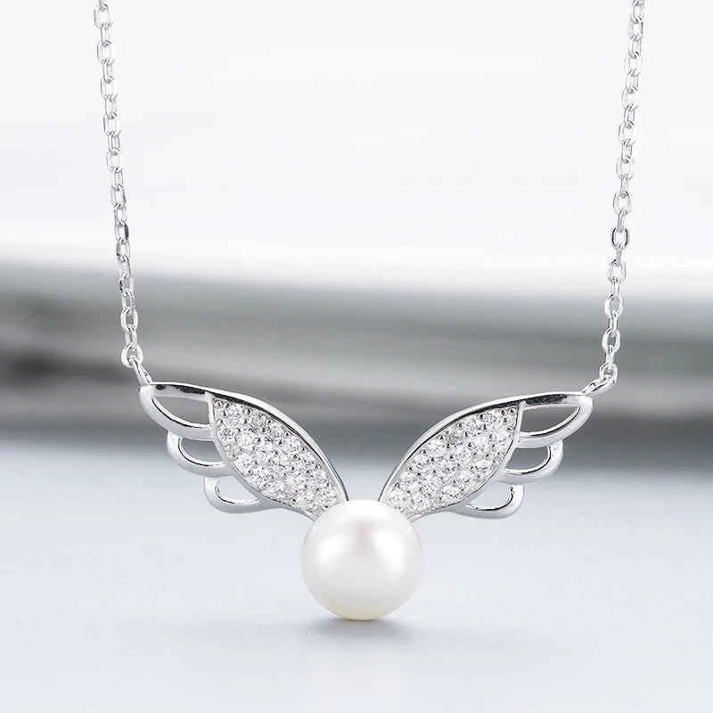 Silver Freshwater Pearl Pendant Necklace with Angel Wings Chain