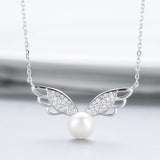 Silver Freshwater Pearl Pendant Necklace with Angel Wings Chain