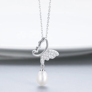 Sterling Silver Pearl Pendant Necklace Cubic Zirconia Butterfly Chain