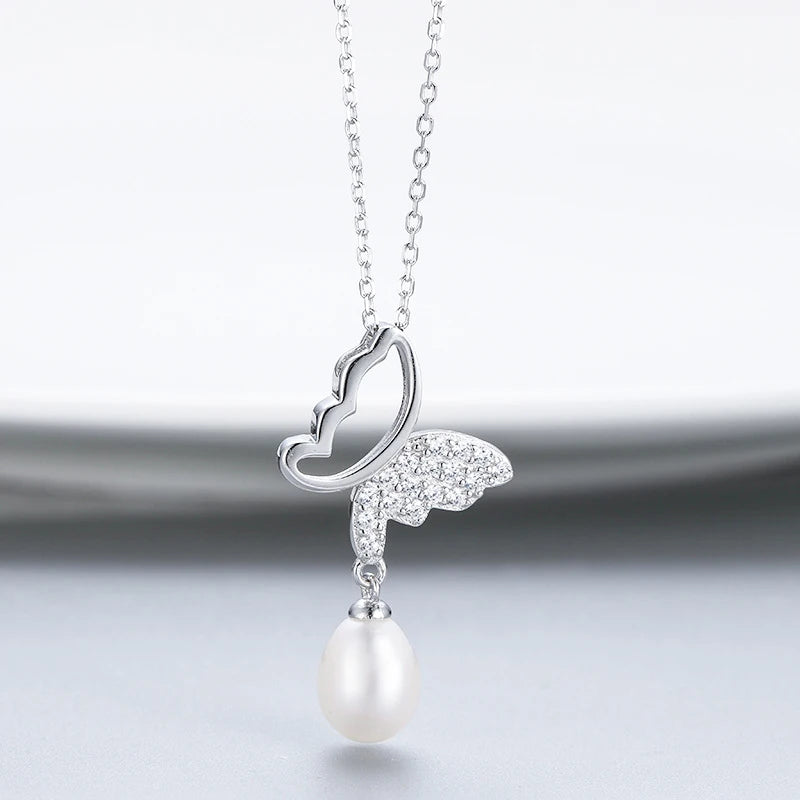 Sterling Silver Pearl Pendant Necklace Cubic Zirconia Butterfly Chain