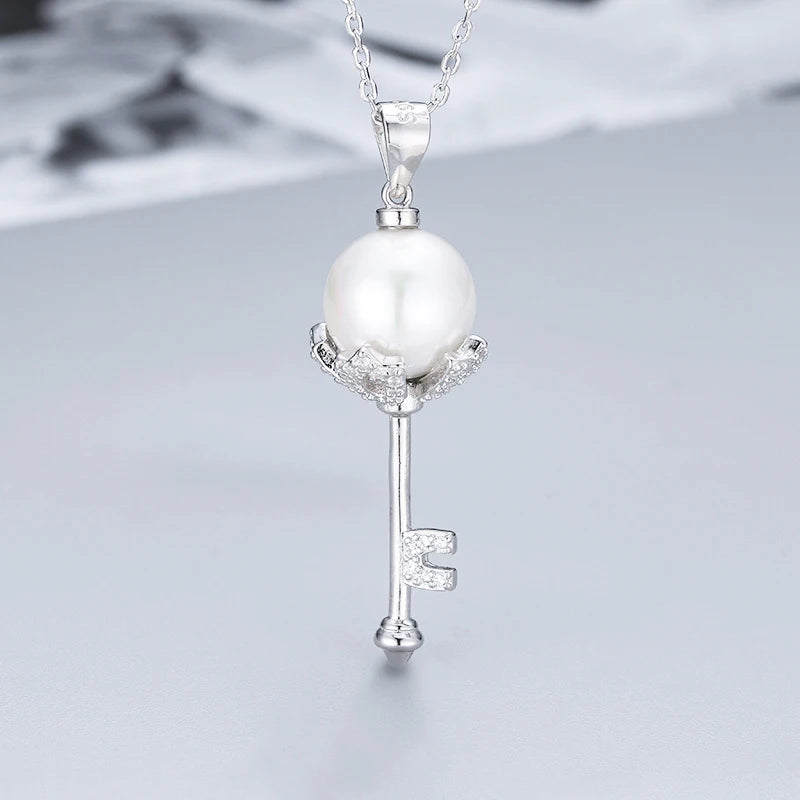 Key Style Sterling Silver Pearl Pendant Necklace