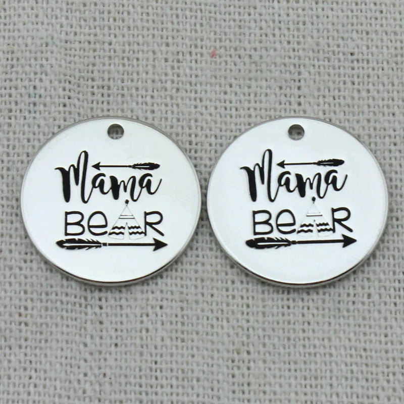 MAMA BEAR Charms Pendant Necklace, Laser Engraved Charm, Women Jewelry