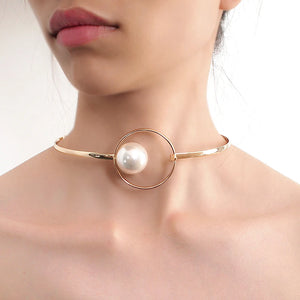 Big Pearl Metal Torques Choker Necklace Statement Bib Collar Jewelry