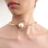 Big Pearl Metal Torques Choker Necklace Statement Bib Collar Jewelry