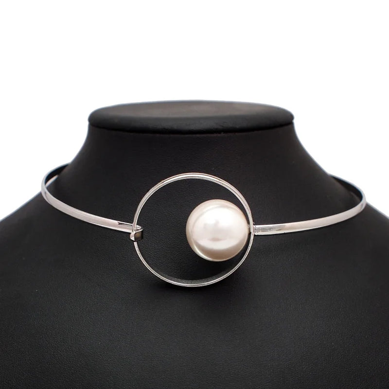 Big Pearl Metal Torques Choker Necklace Statement Bib Collar Jewelry