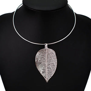 Metal Leaf Torques Choker Necklace Rhinestone Collar Statement Jewelry