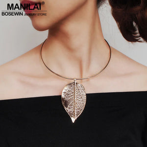 Metal Leaf Torques Choker Necklace Rhinestone Collar Statement Jewelry