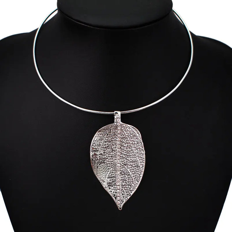 Metal Leaf Torques Choker Necklace Rhinestone Collar Statement Jewelry