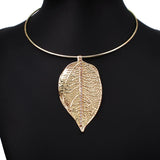 Metal Leaf Torques Choker Necklace Rhinestone Collar Statement Jewelry