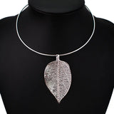 Metal Leaf Torques Choker Necklace Rhinestone Collar Statement Jewelry