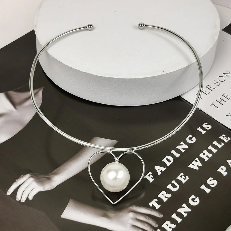 Metal Torques Pearl Heart Collar Choker Necklace For Women