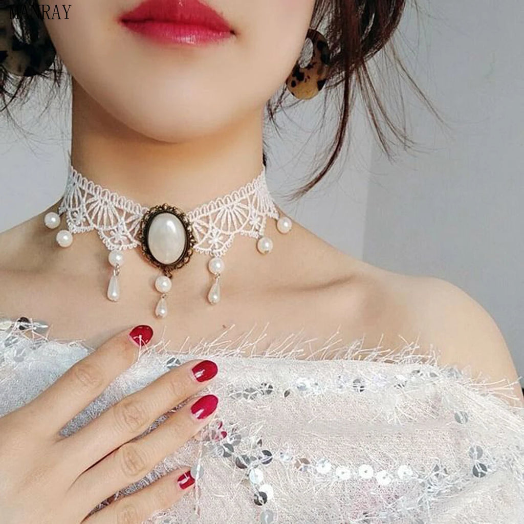 MANRAY Velvet Choker Necklace Vintage Lace Beads Pendant Goth Girl Neck Jewelry