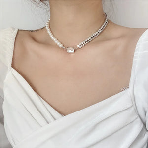 MASA Korea Rhinestone Pearl Choker Necklace for Women Girls