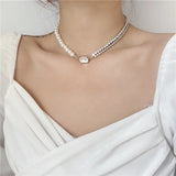 MASA Korea Rhinestone Pearl Choker Necklace for Women Girls