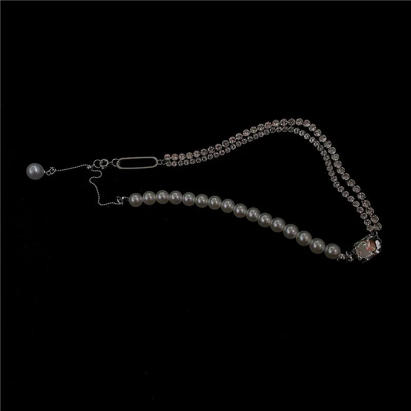 MASA Korea Rhinestone Pearl Choker Necklace for Women Girls