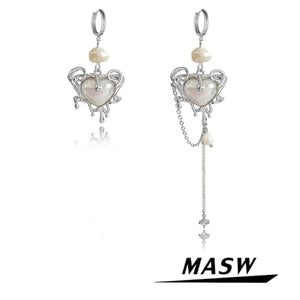 Heart Drop Earrings Natural Pearl Chain Dangle Earrings