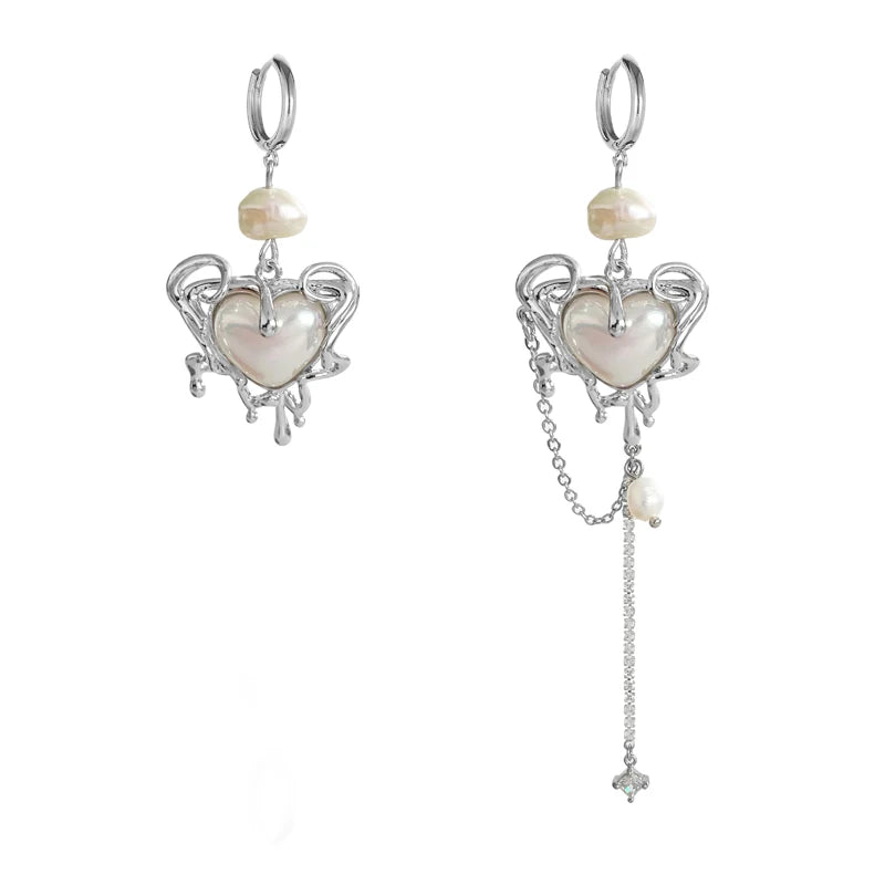 Heart Drop Earrings Natural Pearl Chain Dangle Earrings