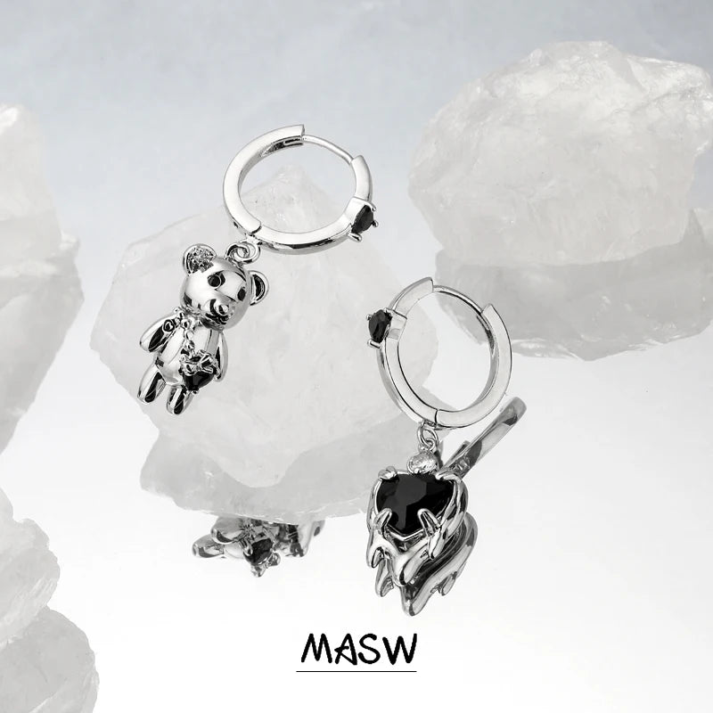 Bear Earrings High Brass Silver Plated Heart Earrings